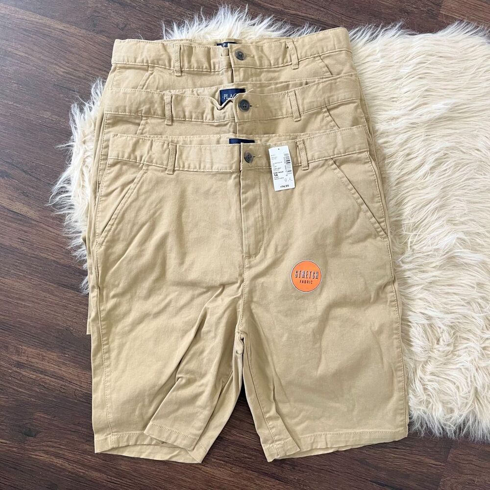NWT The Children's Place Boys Uniform Stretch Chino Shorts 3-Pack tan Size 14 H